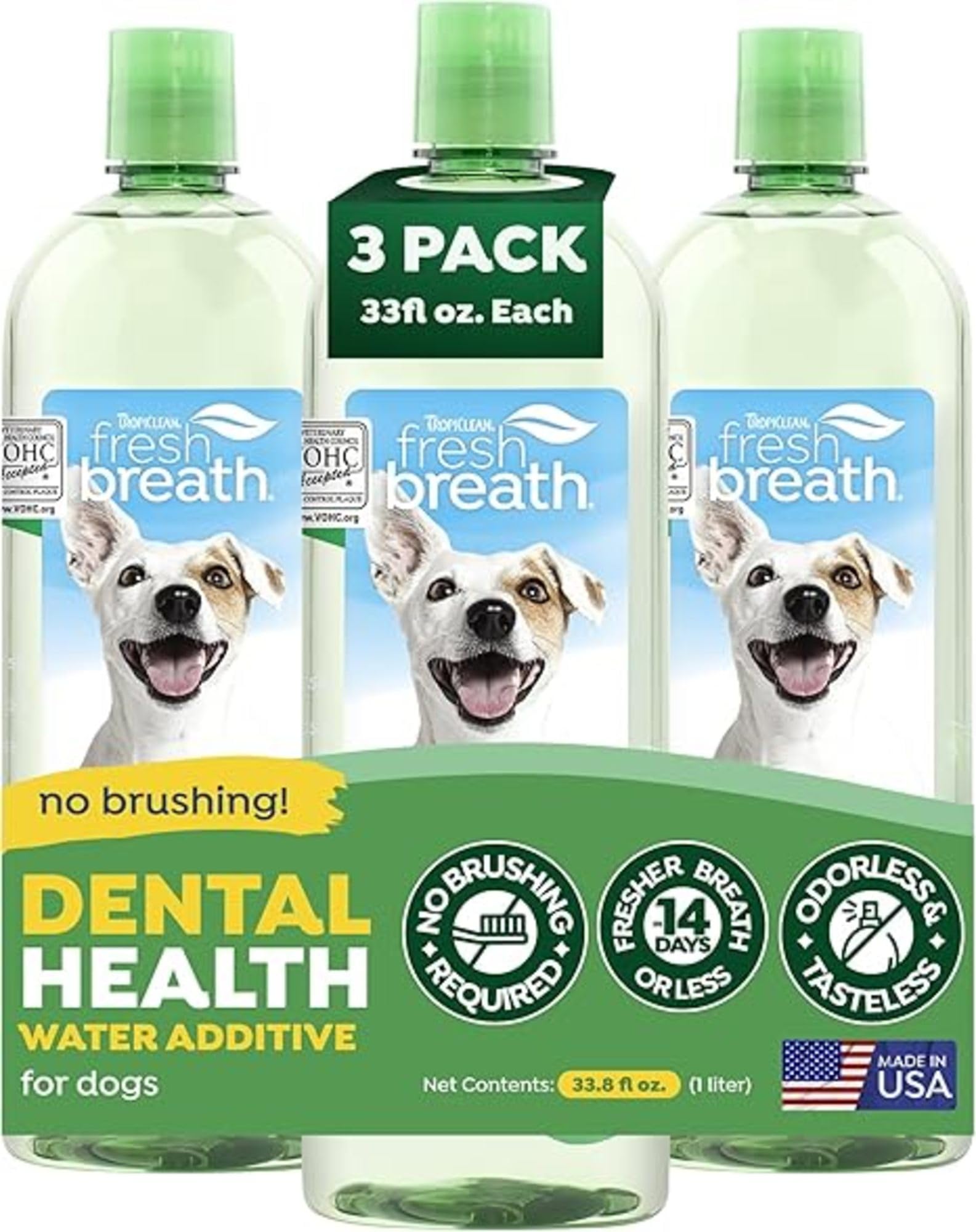 TropiClean Fresh Breath Water Additive bottle pour supports breath refresh without brushing.