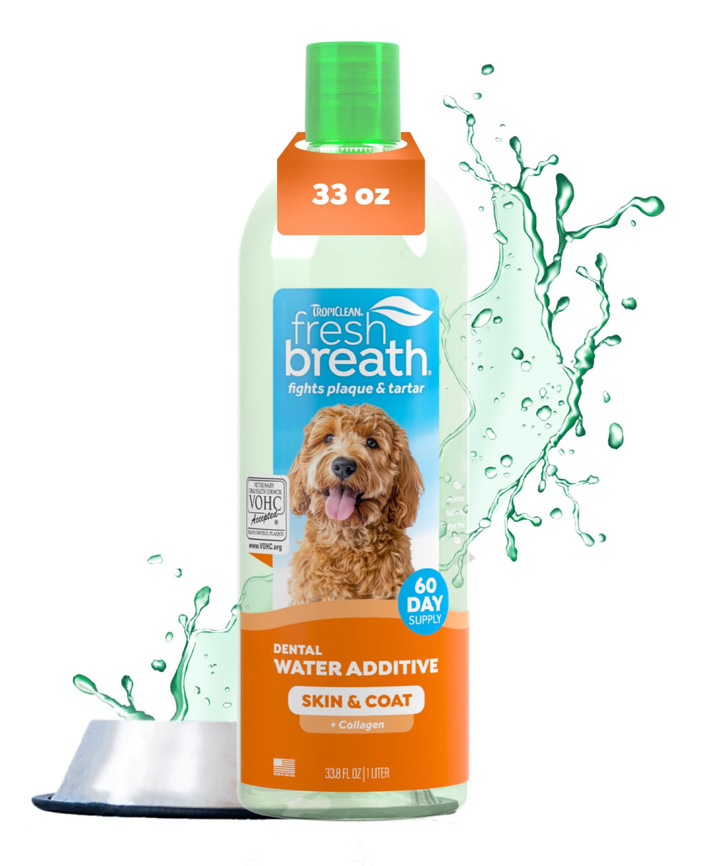TropiClean fresh breath water additive bottle pour demonstrates easy daily dosing for dental care
