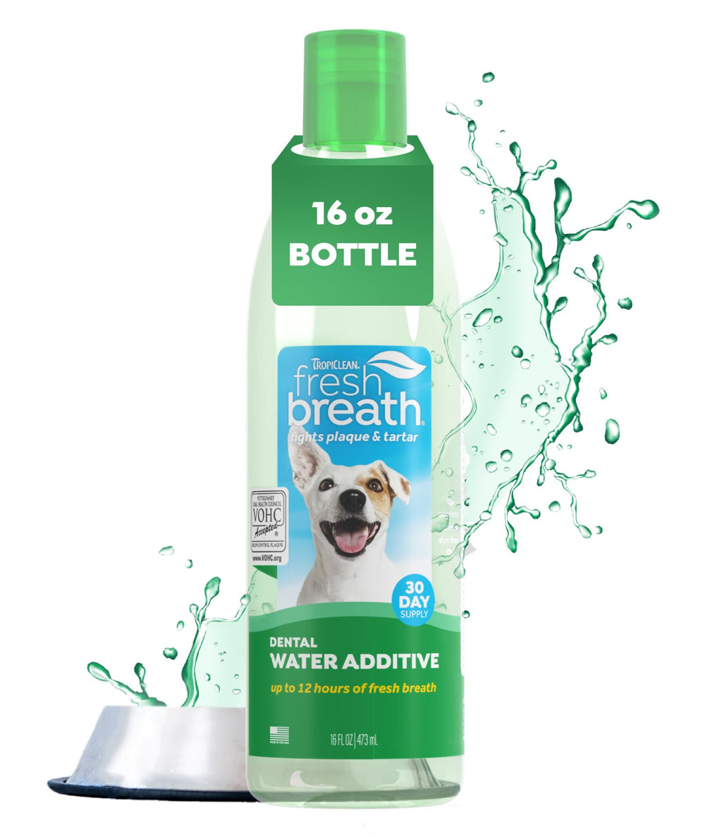TropiClean Fresh Breath water additive bottle for simple at-home dental care.