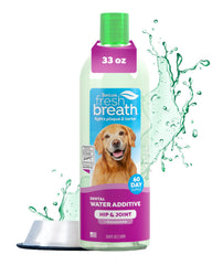 TropiClean Fresh Breath Water Additive bottle for dogs supports daily dental care.