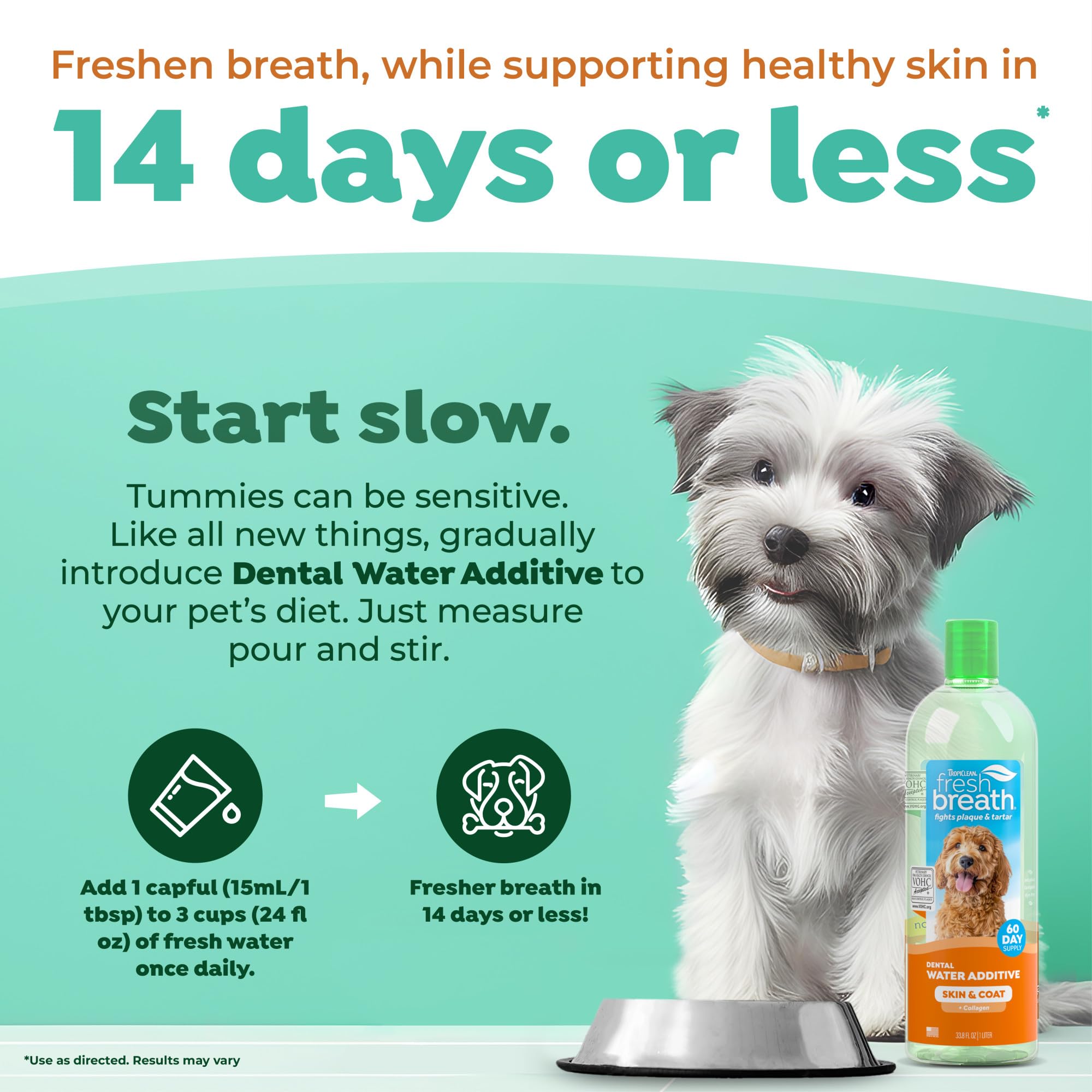 Breath-freshening effect visual for TropiClean water additive in a dog’s water bowl