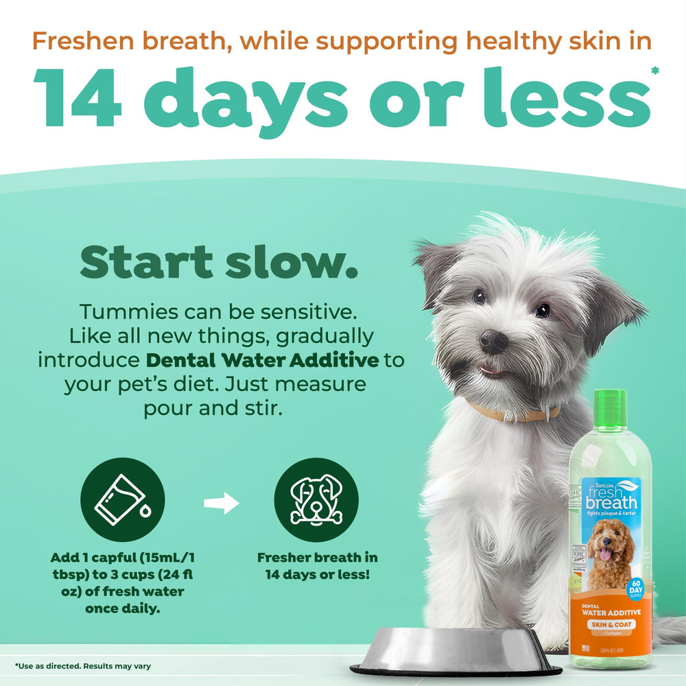 Breath-freshening effect visual for TropiClean water additive in a dog’s water bowl