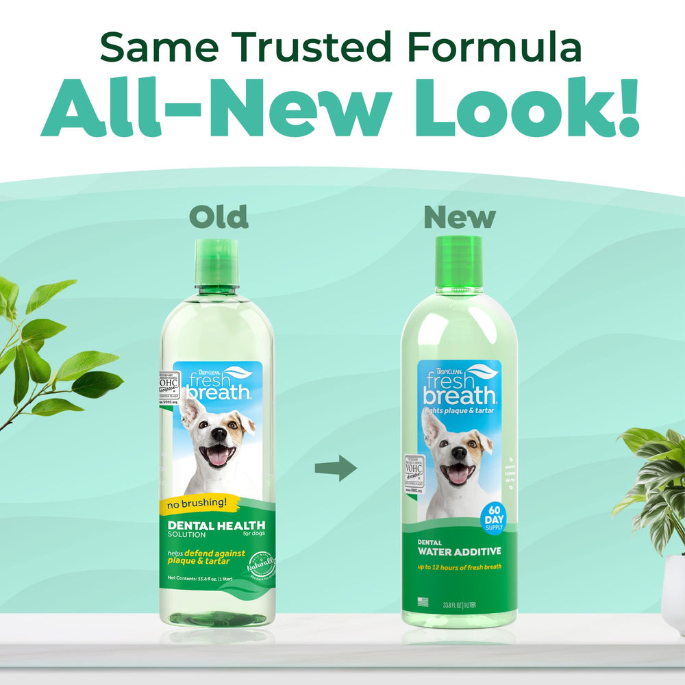 TropiClean Fresh Breath Water Additive dog bowl scene highlights no brushing required.