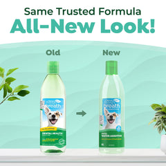 TropiClean Fresh Breath water additive dog breath closeup suggests improved oral freshness.
