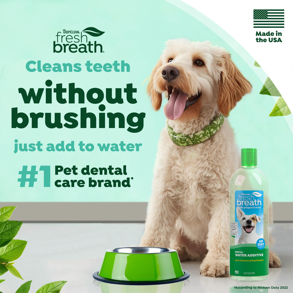 TropiClean Fresh Breath Water Additive dog drinking water promotes fresh breath.