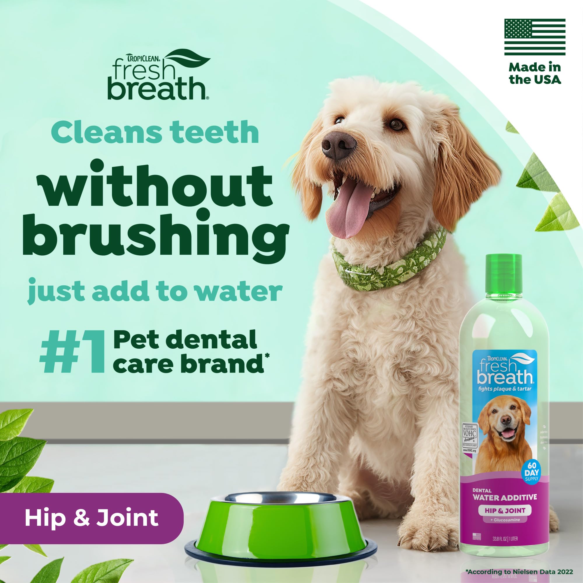 TropiClean Fresh Breath Water Additive dog smile suggests improved breath during playtime.