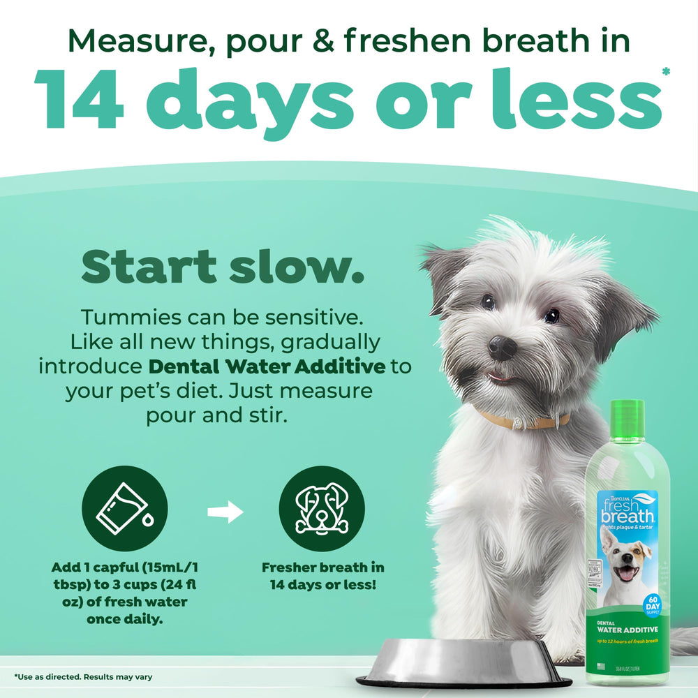 TropiClean Fresh Breath Water Additive dose dispense demonstrates easy, no-brush use.