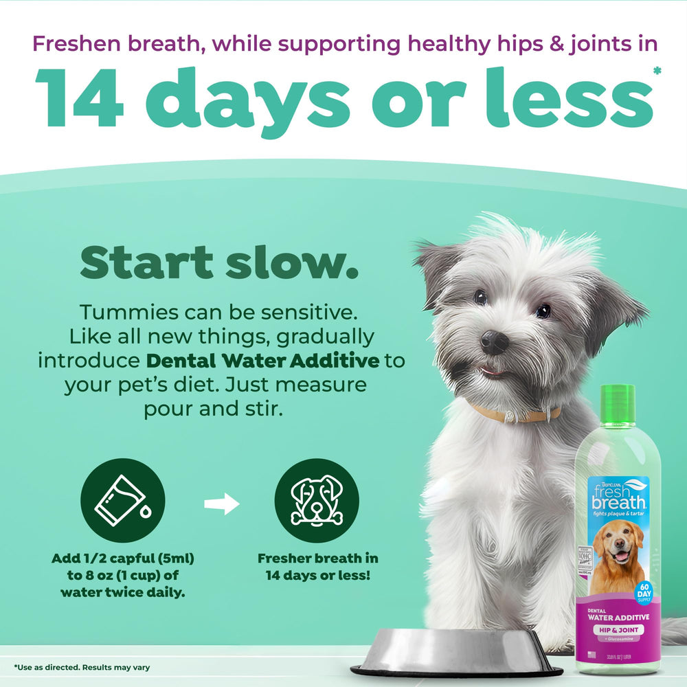 TropiClean Fresh Breath Water Additive glucosamine illustration highlights joint-support benefits.