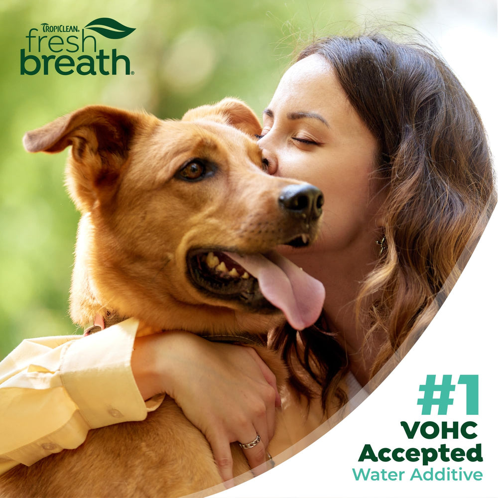TropiClean Fresh Breath Water Additive happy dog with improved breath.