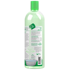 TropiClean Fresh Breath Water Additive measuring cup demonstrates easy half-dose guidance for sensitive stomachs.