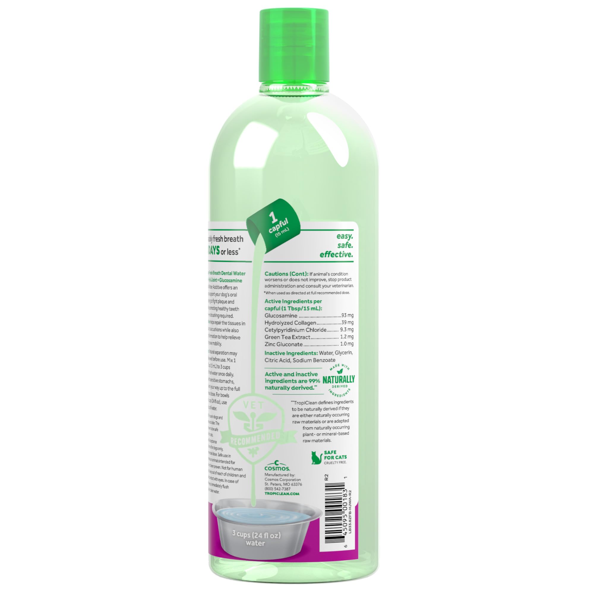 TropiClean Fresh Breath Water Additive pour demonstrates easy dosing for fresh breath.