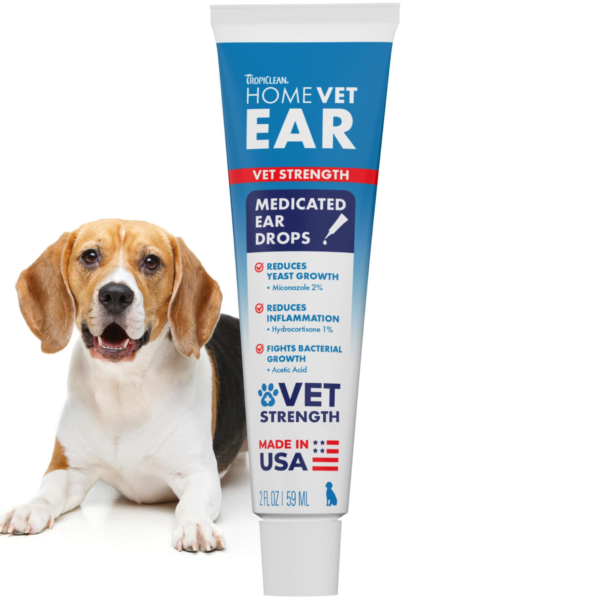 TropiClean HomeVet ear drops bottle for daily dog ear care and gentle relief.