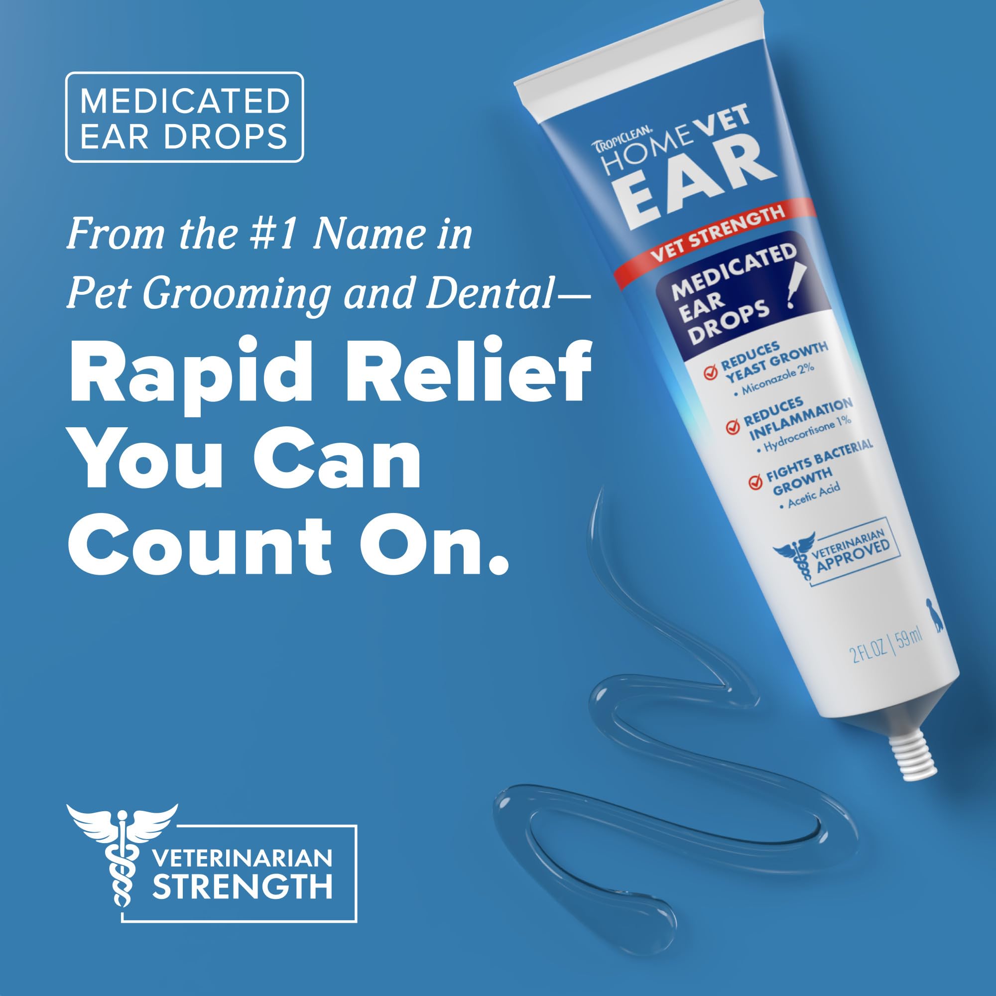 TropiClean HomeVet ear drops pour for simple administration and quick relief.