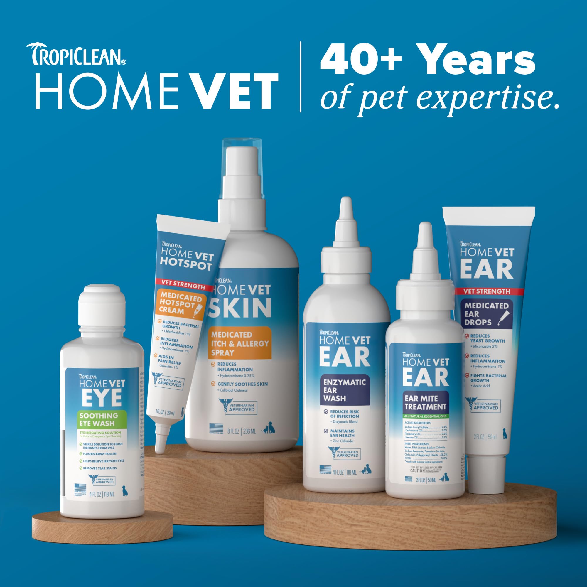USA-made TropiClean HomeVet ear drops emphasize quality for pets.