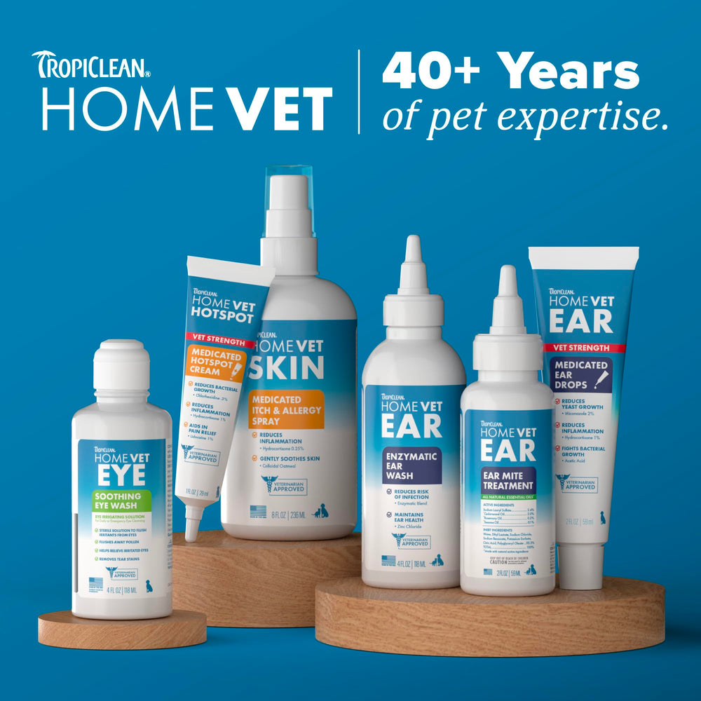 TropiClean HomeVet Medicated Cream being applied on skin for fast relief.
