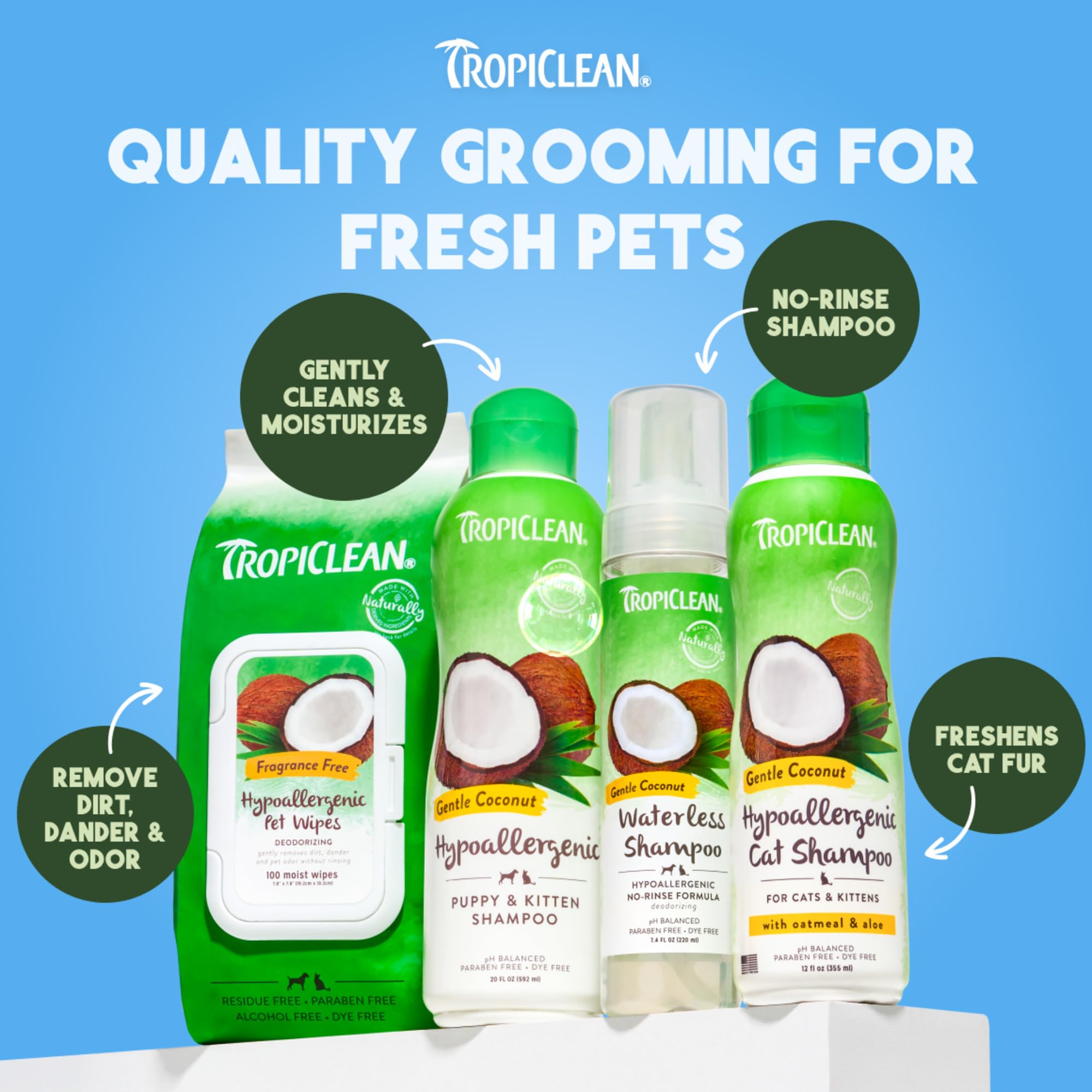TropiClean waterless shampoo label notes paraben-free, cruelty-free formula.