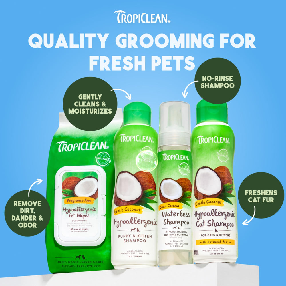 TropiClean waterless shampoo label notes paraben-free, cruelty-free formula.