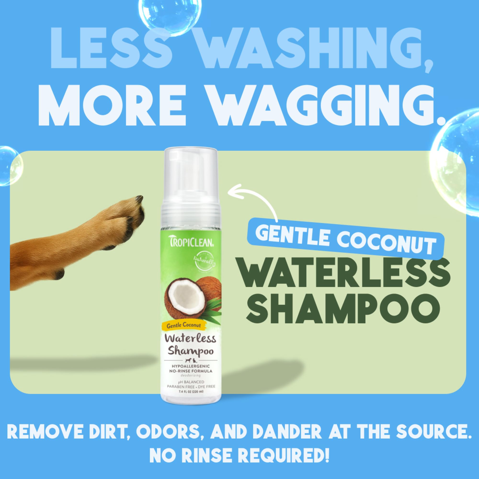 TropiClean waterless shampoo foam application shows quick coat refresh.