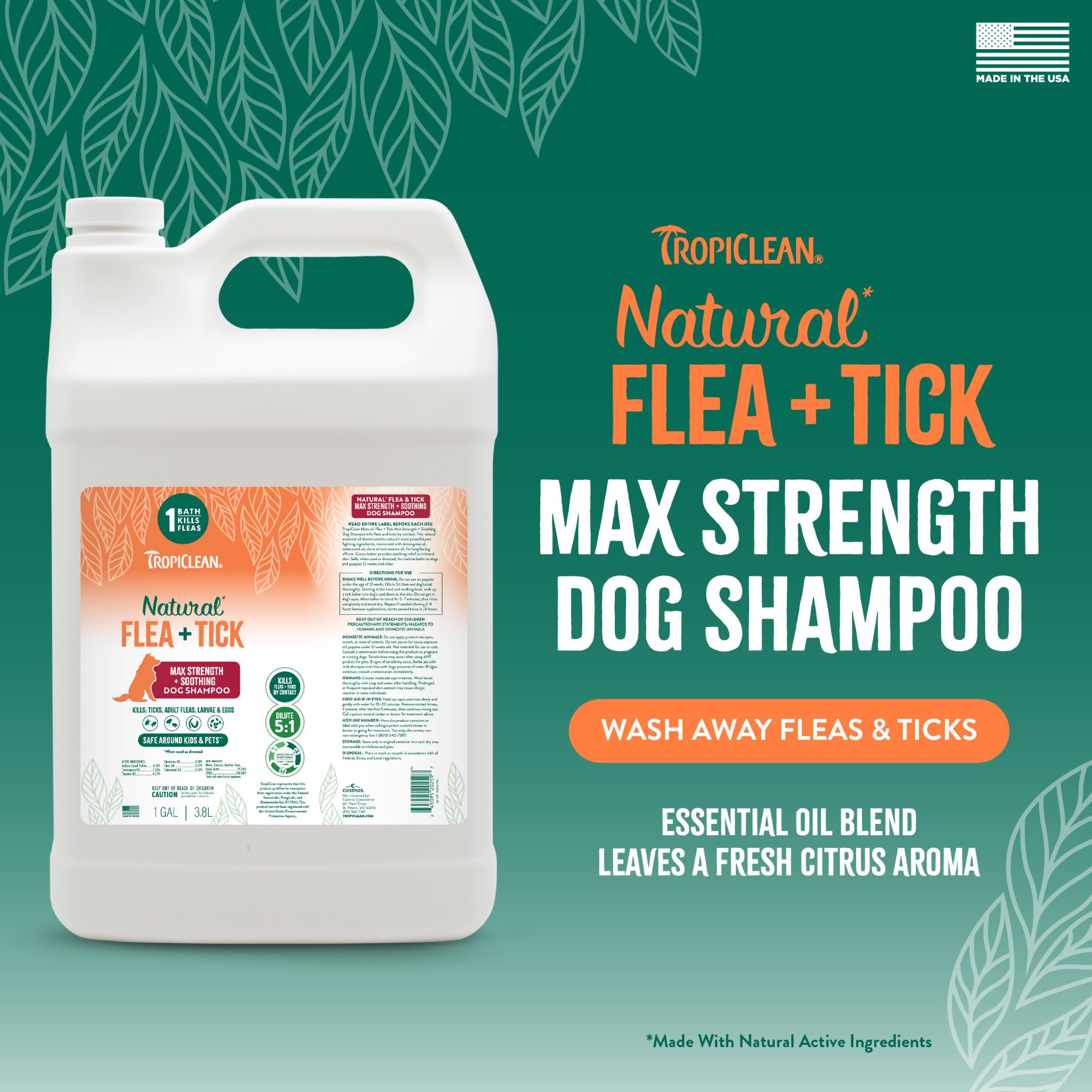 TropiClean Max Strength Shampoo lathers into rich foam, easing a thorough dog bath.