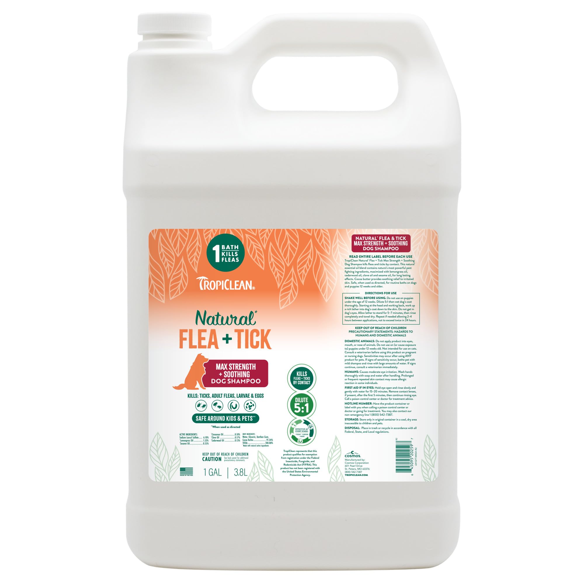 TropiClean Max Strength Shampoo for dogs being poured during a bath for pest protection.