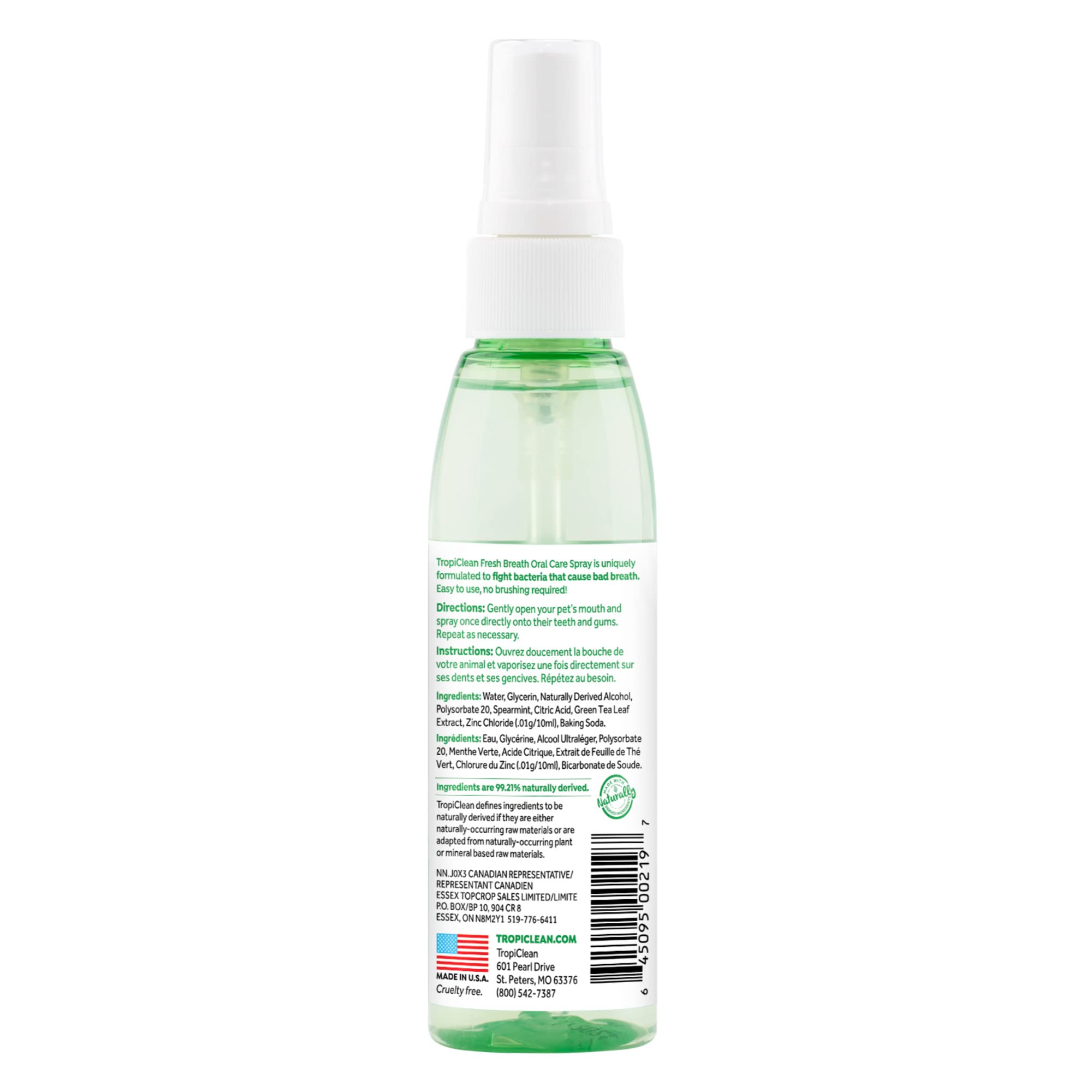 TropiClean mint breath spray nozzle enables easy, mess-free freshening for pets.