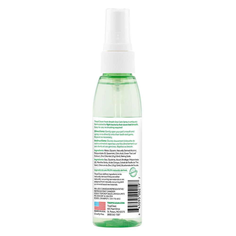 TropiClean mint breath spray nozzle enables easy, mess-free freshening for pets.