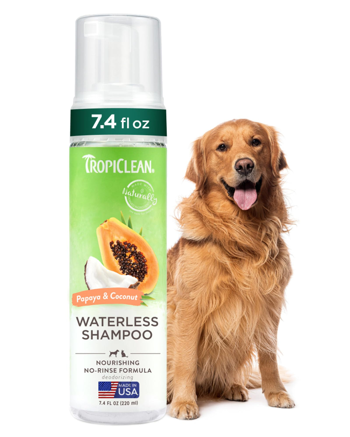 TropiClean No-Rinse Dog Shampoo bottle for quick in-between-bath cleansing.