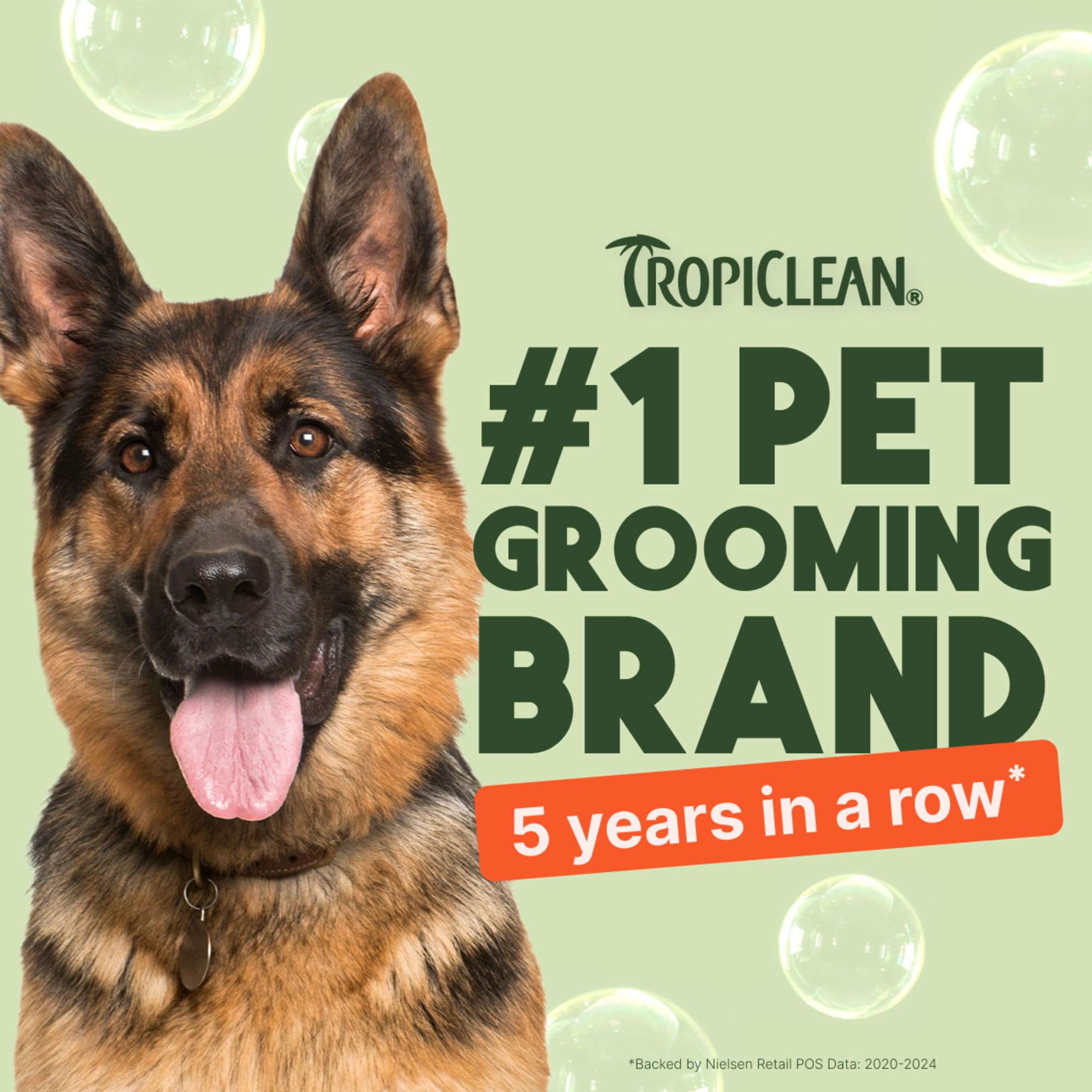 TropiClean No-Rinse foam on coat demonstrates detangling and deodorizing benefits.