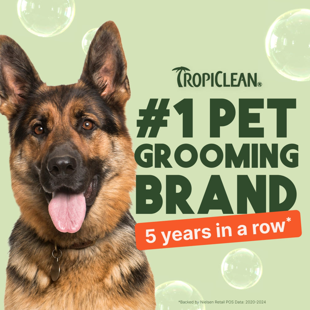 TropiClean No-Rinse foam on coat demonstrates detangling and deodorizing benefits.