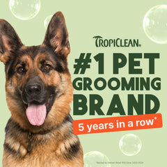 TropiClean No-Rinse foam on coat demonstrates detangling and deodorizing benefits.
