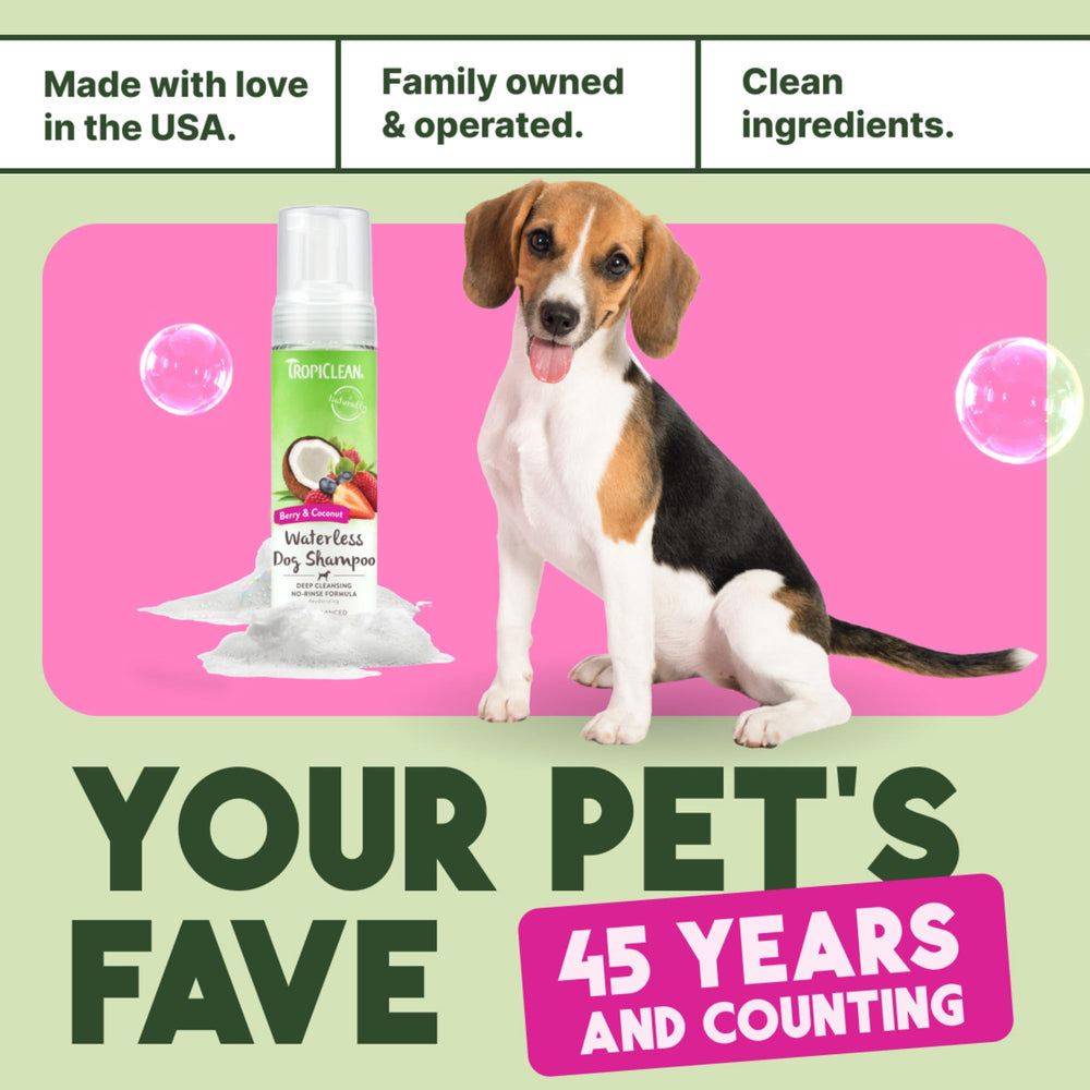 TropiClean No Rinse packaging display USA-made quality visually showcased