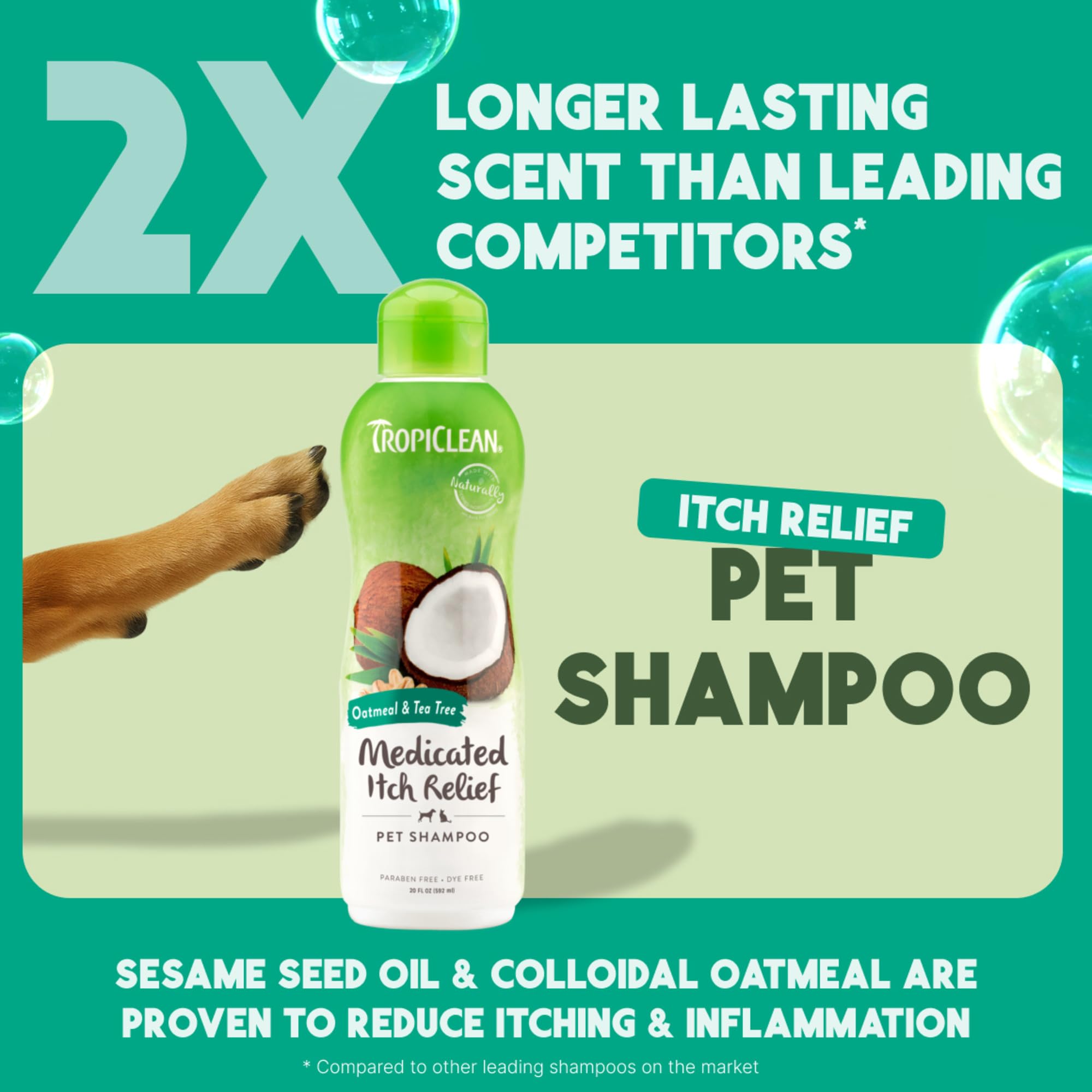 TropiClean Oatmeal dog shampoo Vitamin E ingredient—coats feel conditioned after bath.