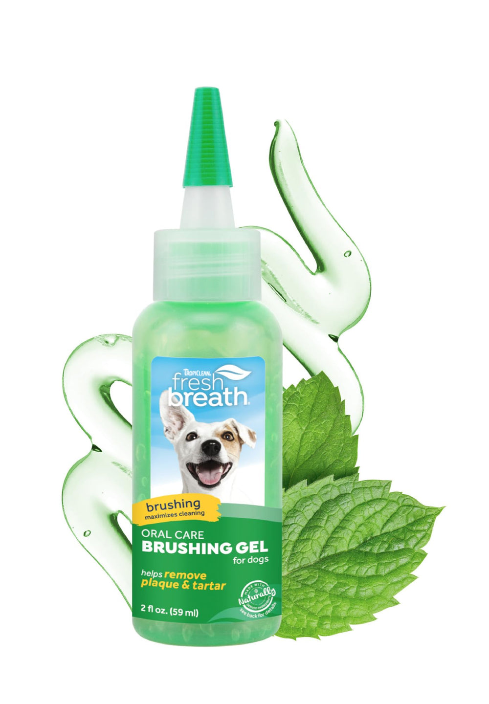 TropiClean oral care brushing gel bottle close-up showing minty formula for pets.