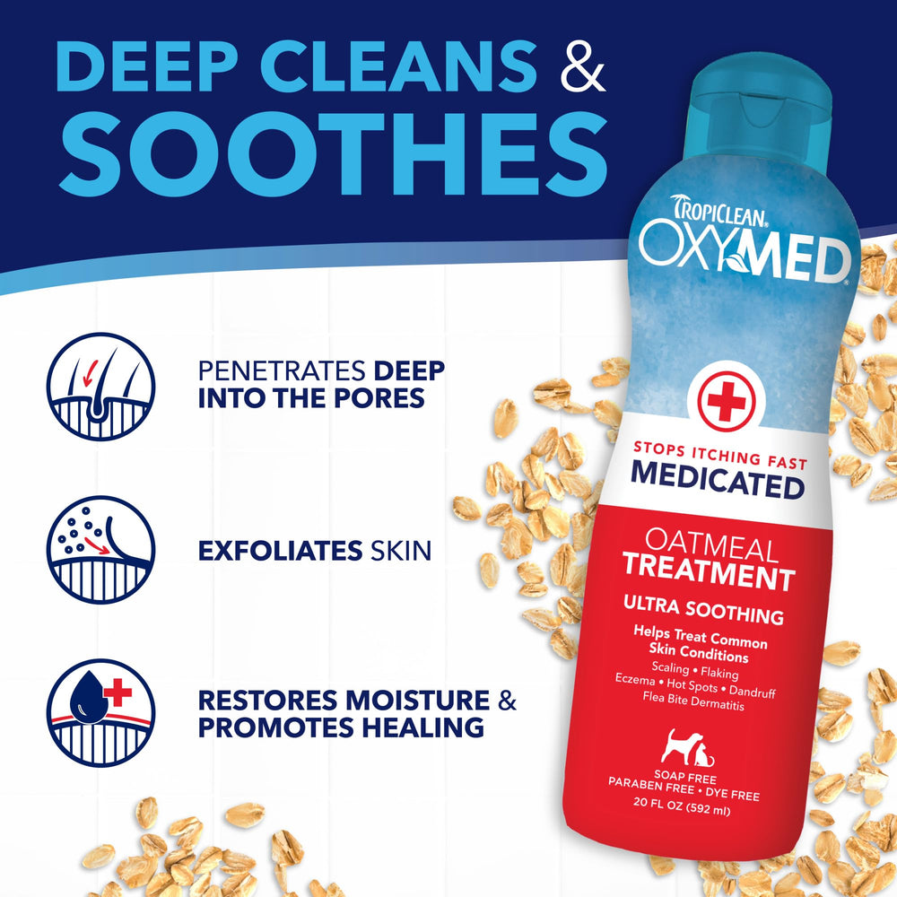 TropiClean Oxymed apply-to-pet image showing comfortable grooming session.