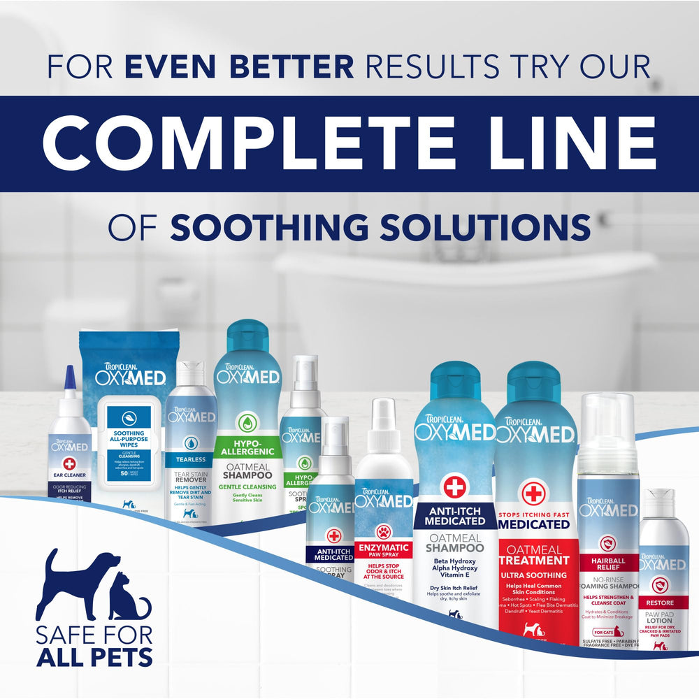 TropiClean Oxymed cat-coat after-use softness and calm coat.