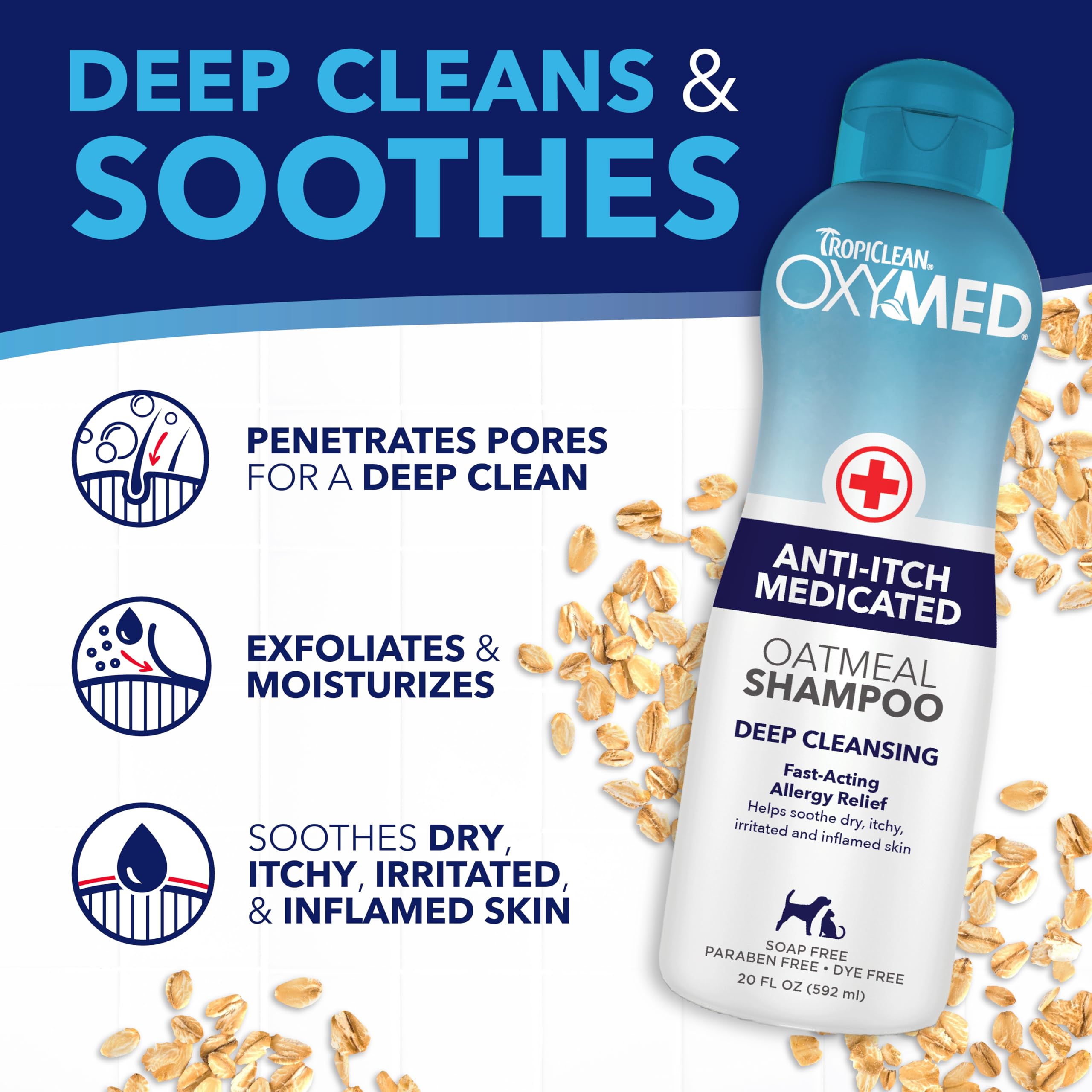 TropiClean Oxymed grooming routine scene demonstrates easy three-step use for pet owners.