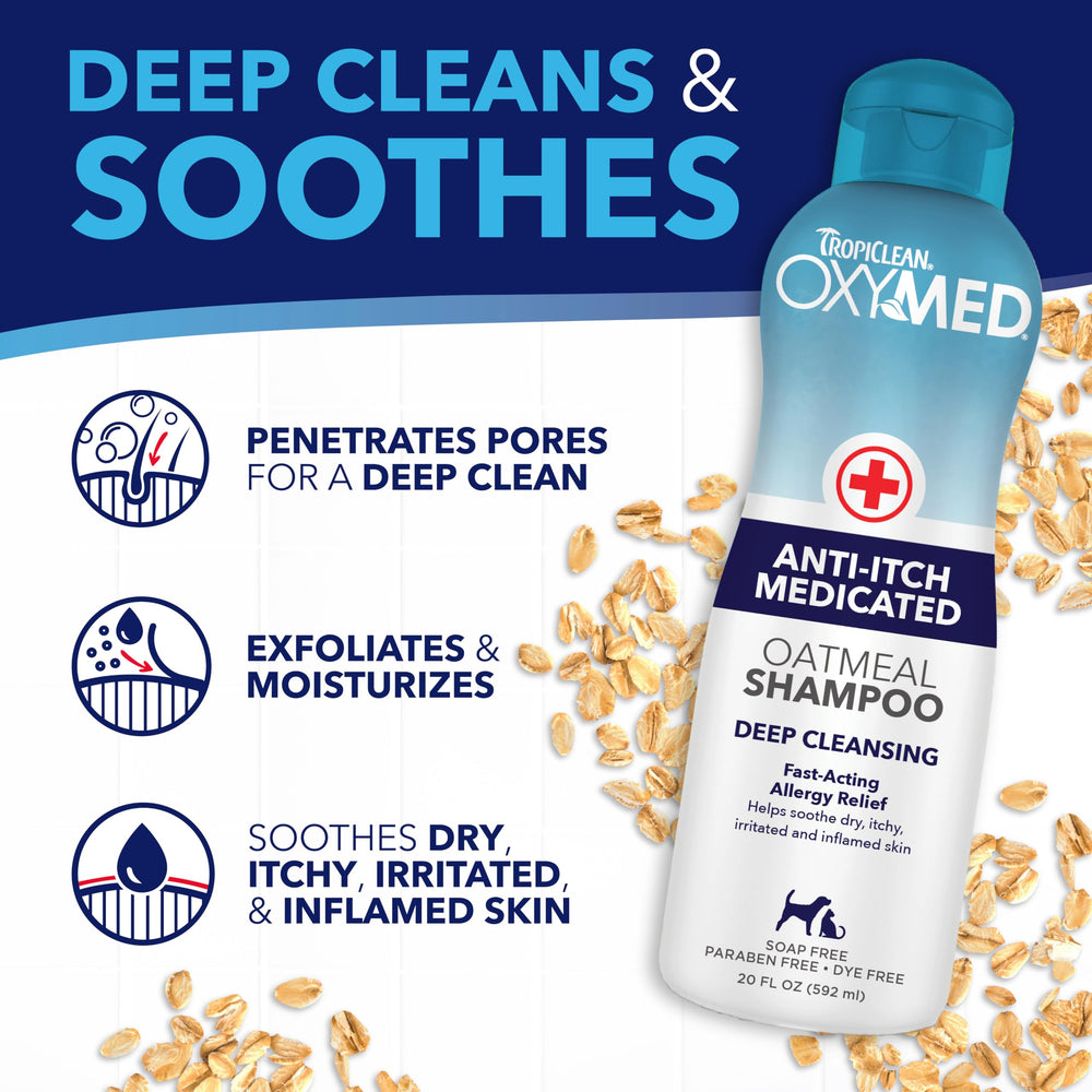 TropiClean Oxymed grooming routine scene demonstrates easy three-step use for pet owners.