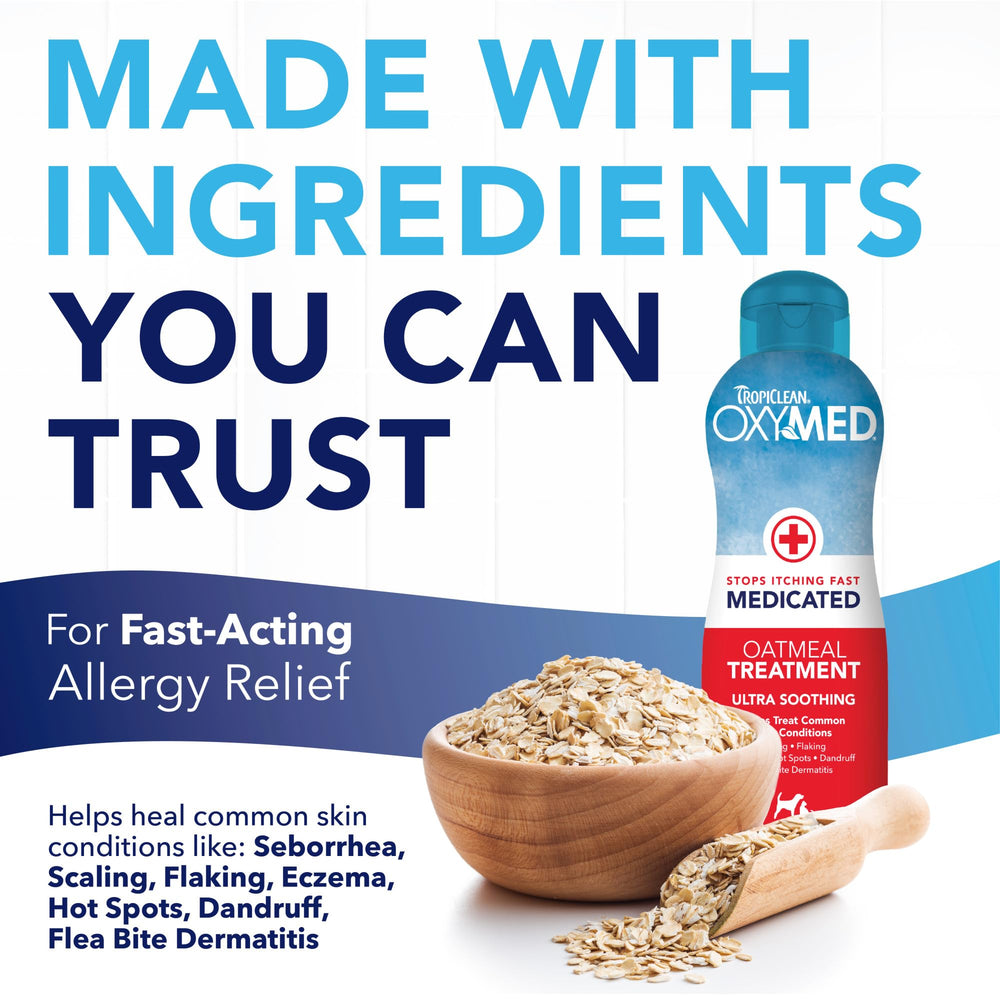 TropiClean Oxymed ingredients panel emphasizes oatmeal and aloe soothing coat.