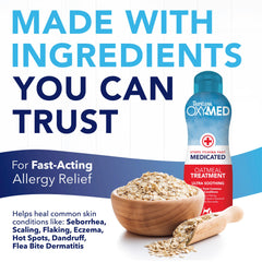 TropiClean Oxymed ingredients panel emphasizes oatmeal and aloe soothing coat.