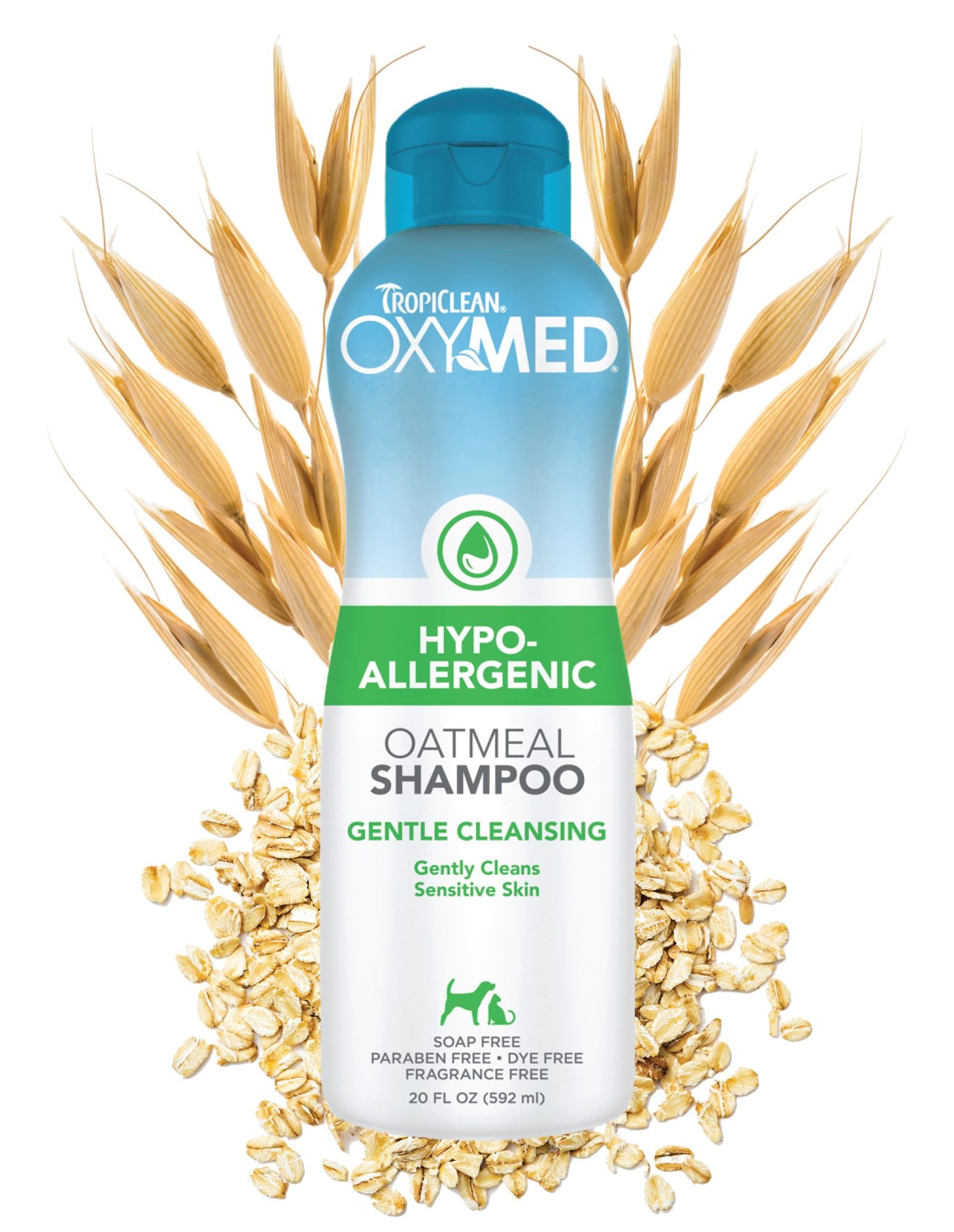 TropiClean OxyMed shampoo bottle demonstrates gentle cleanse for sensitive skin.