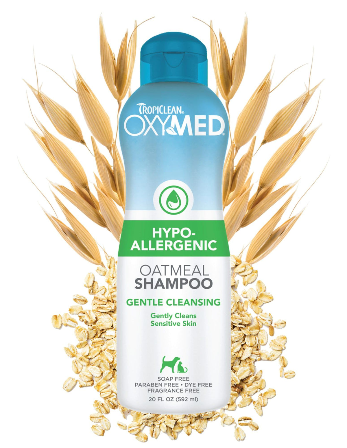 TropiClean OxyMed shampoo bottle demonstrates gentle cleanse for sensitive skin.