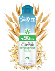 TropiClean OxyMed shampoo bottle demonstrates gentle cleanse for sensitive skin.