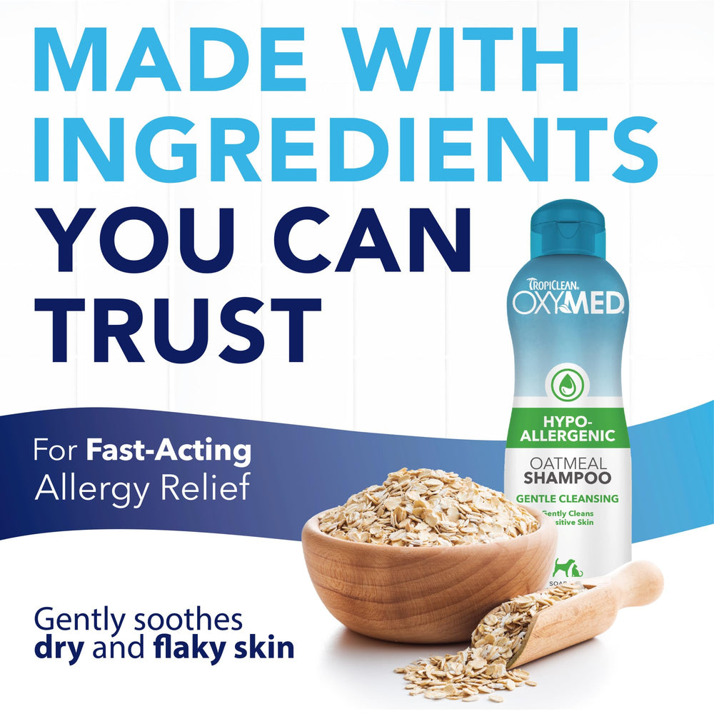 TropiClean OxyMed on-dog-cat care shows soothing coat nourishment.