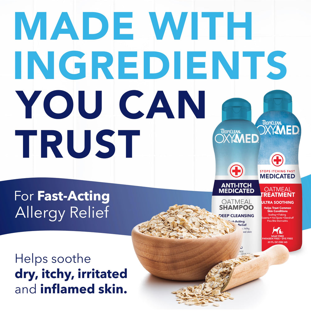TropiClean Oxymed shampoo foam closeup highlights quick-acting cleansing for itchy pet skin.