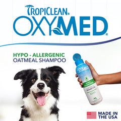 TropiClean OxyMed label-ingredients highlights oatmeal and gentle cleansing.