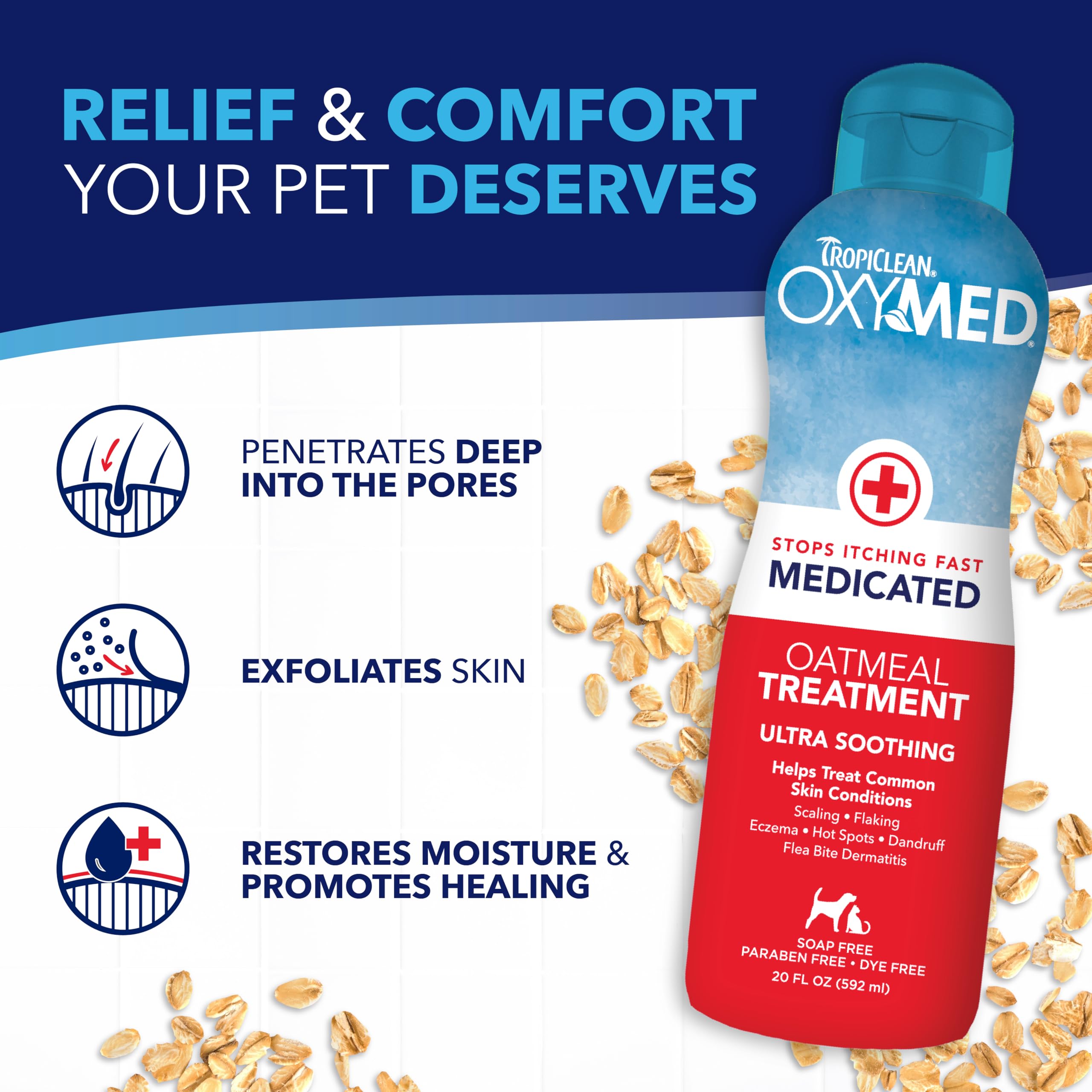 TropiClean Oxymed USA-made label signals veterinarian-recommended care with safe, gentle ingredients.