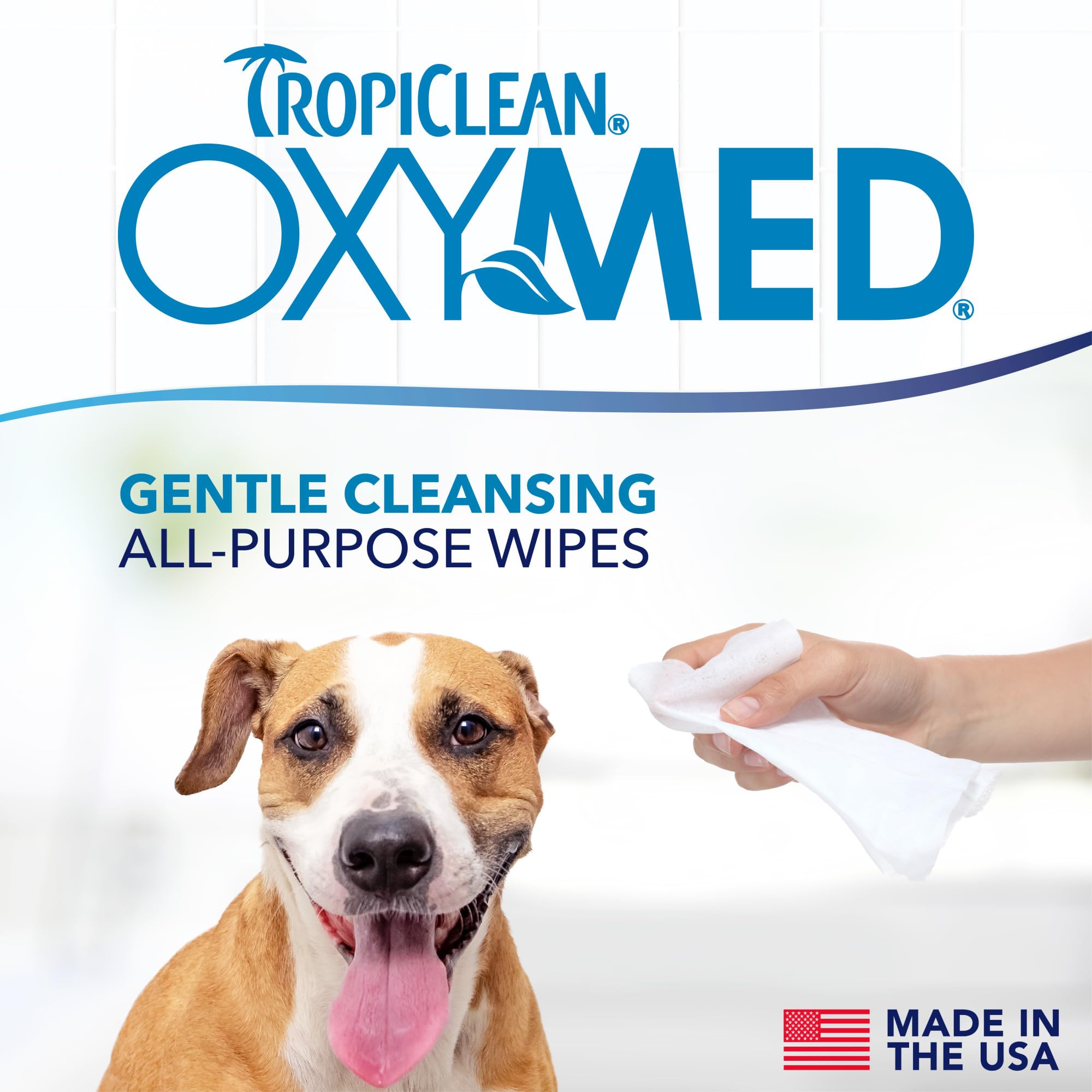 TropiClean Oxymed wipes come in a 50-count pack for routine care.