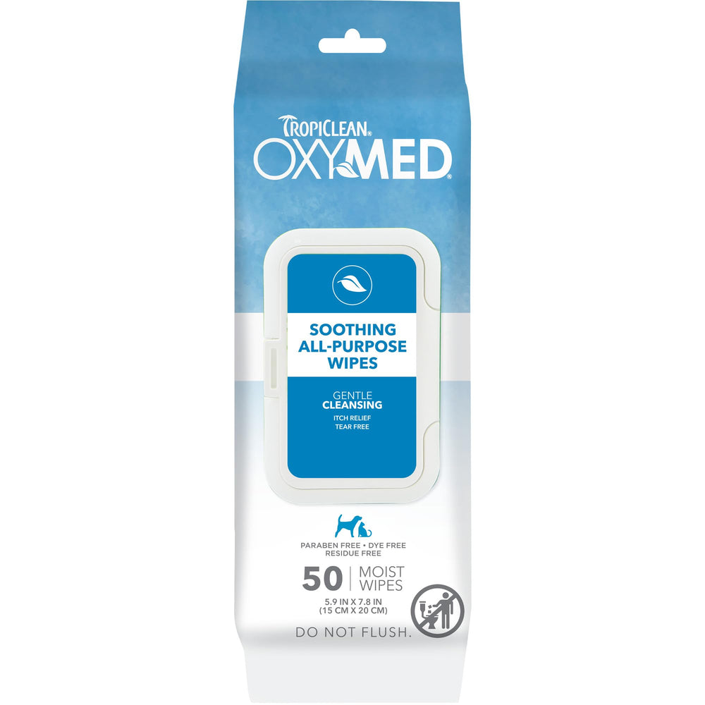 TropiClean Oxymed wipes for paws and butt soothe irritated skin while cleaning on the go.