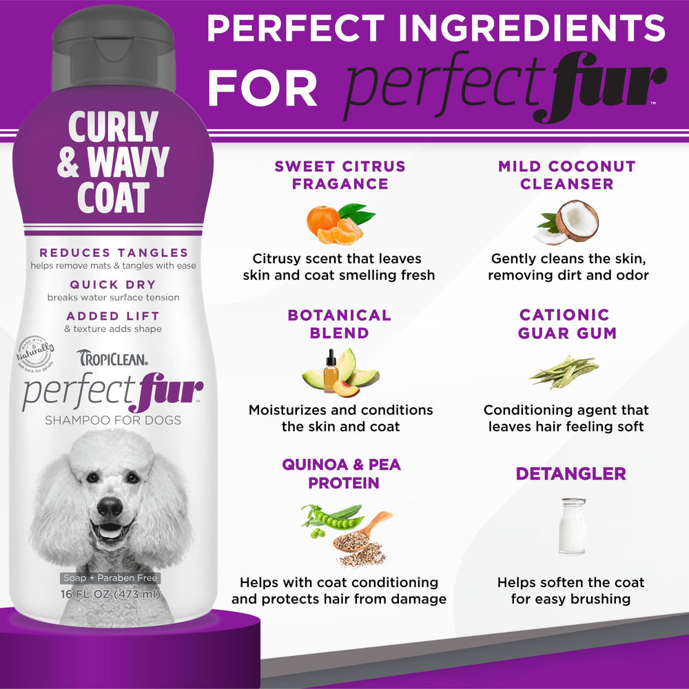 TropiClean Perfect Fur curly-coat doodles show easier detangling and styling.