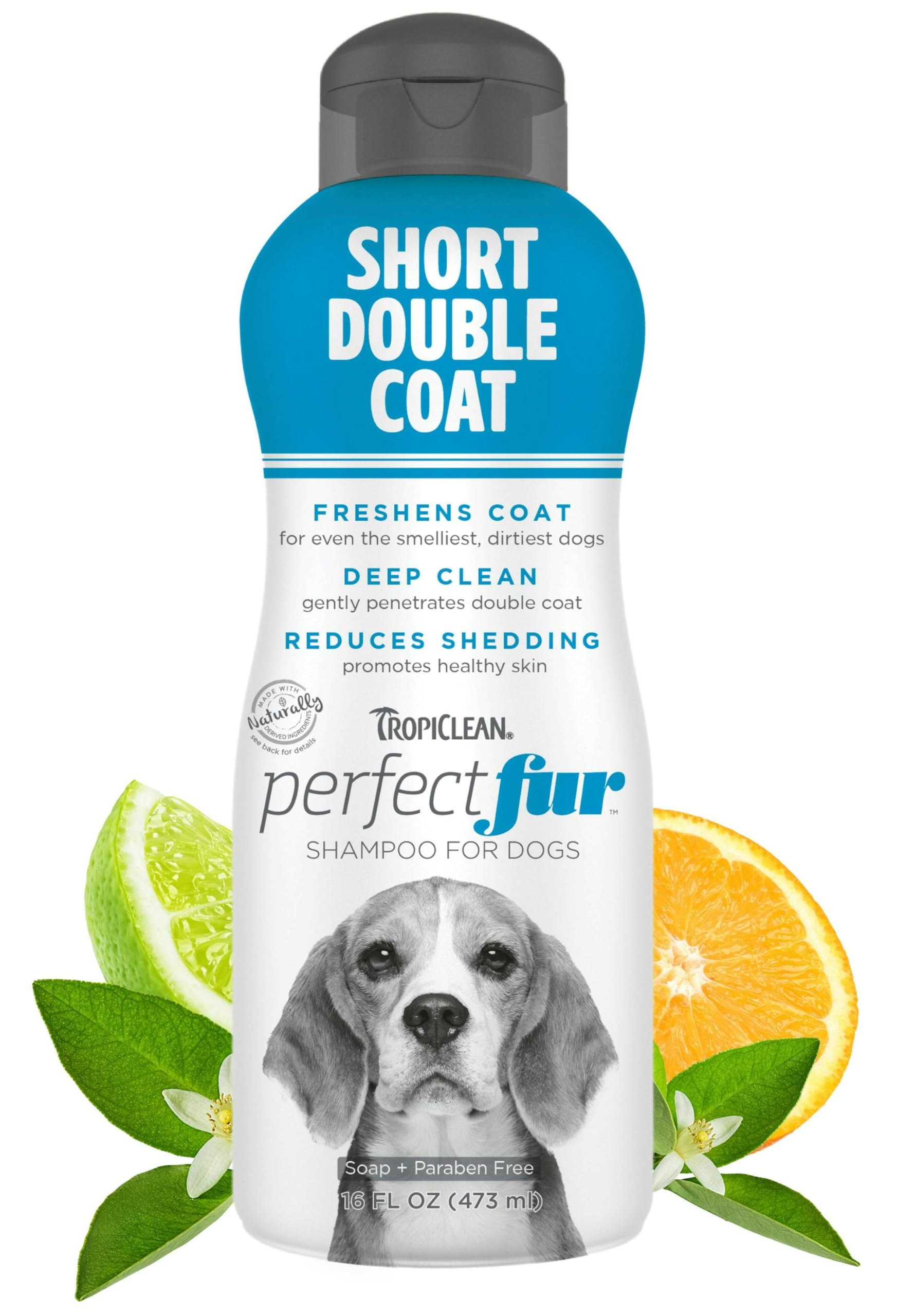 TropiClean Perfect Fur shampoo bottle closeup, gentle cleansing for short double coats.